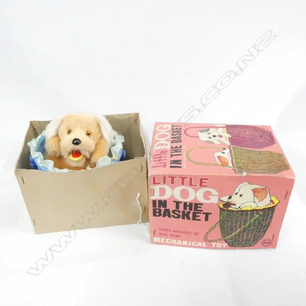 'LITTLE DOG IN THE BASKET' MECHANICAL WIND UP TOY - IN ORIGINAL BOX Image 1++